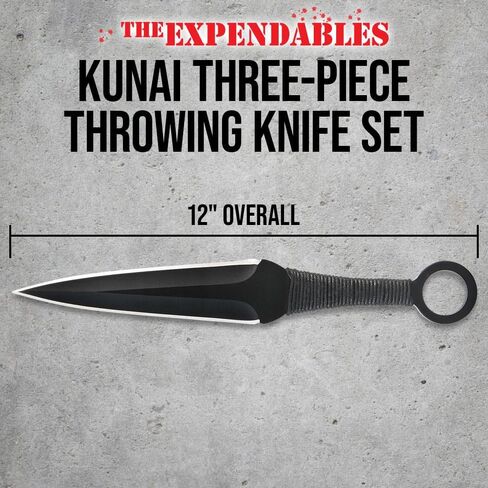 مجموعة سكاكين رمي وغمد مكونة من ثلاث قطع من EXPENDABLES Kunai - مرخصة رسميًا، قطعة واحدة من الفولاذ المقاوم للصدأ AUS-6، مقبض ملفوف بالحبل - نسخة طبق الأصل من الفيلم الأصلي للتجميع والرمي - الطول 12 in Saudi Arabia