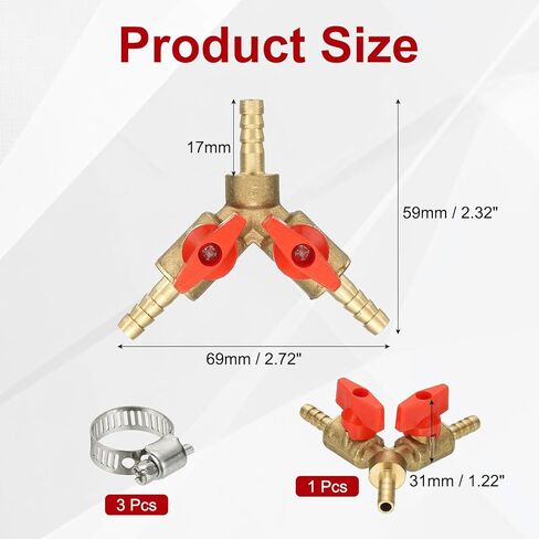PATIKIL 3 Way Shut Off Ball Valve, 1/4" Y Shaped 3 Way Brass Garden Hose Barb Splitter Line Sprayer Parts Coolant Hose Valve Fitting with 2 Red Switch for Gas Fuel Oxygen, 1 Set in Saudi Arabia