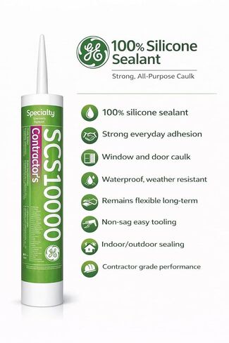 GE Silicones SCS1000 Contractors 100% Silicone Sealant, White, 10.1 fl oz Cartridge, 12 Pack, General Purpose Glazing Caulk for Windows, Doors, Glass, Trim, Indoor/Outdoor Sealing & Repairs in Saudi Arabia
