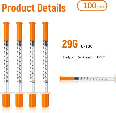 Seringe insulin, 29G 1ml/cc 5/16" (8mm) syring, Individually Packed, Smooth & Comfortable, Pack of 100 in Saudi Arabia