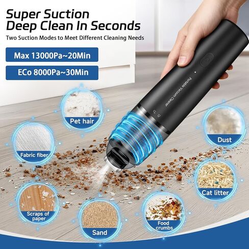 Handheld Vacuum Cordless Mini Vacuum Cleaner Portable 13000 PA Suction Power with 2 HEPA Filter, 2 Suction Modes, Hand Held Vacuum Rechargeable for Car, Home, Pet Hair, Office, Keyboards Black in Kuwait
