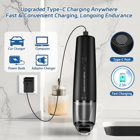 Handheld Vacuum Cordless Mini Vacuum Cleaner Portable 13000 PA Suction Power with 2 HEPA Filter, 2 Suction Modes, Hand Held Vacuum Rechargeable for Car, Home, Pet Hair, Office, Keyboards Black in Kuwait
