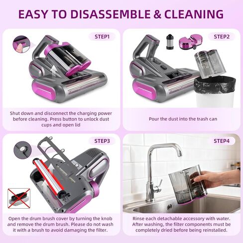 Cordless Mattress Vacuum Cleaner, 16Kpa Handheld Bed Vacuum with 253.7nm UV-C Light, Ultrasonic, Widened Suction, Low Noise, HEPA Filtration for Mattress Sofa Couch Pet Hair, Purple in Kuwait