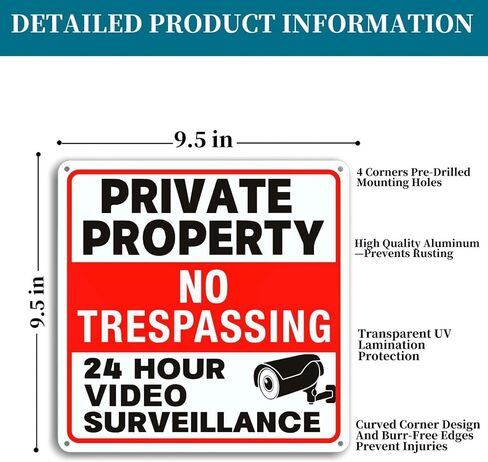 4 عبوات من علامات عدم التعدي على ملكية خاصة، لافتة مراقبة بالفيديو، لافتة كاميرا أمان من الألومنيوم خالية من الصدأ مقاس 9.5 × 9.5 بوصة، سهلة التركيب، تستخدم مواد عاكسة، مناسبة للمنزل/العمل in Kuwait