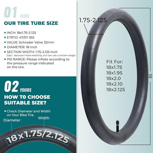 قطعتان، أنابيب دراجة ممتازة 18X1.75/1.90/1.95/2.0/2.10/2.125، متوافقة مع إطارات الدراجة 18x1.75 إلى 2.125، مع صمام شريدر 32 مم، مطاط البوتيل، تستخدم لدراجات الأطفال الجبلية والطراد والمدينة والطرق in Kuwait