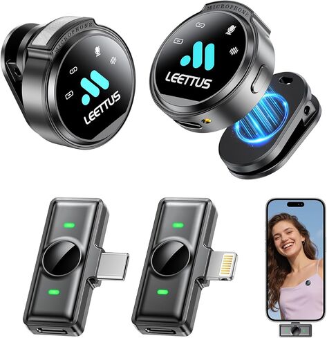 ميكروفون صغير لهاتف iPhone 17/16/15-7/Android/الكمبيوتر اللوحي، ميكروفونات Lavalier اللاسلكية مع أجهزة استقبال مزدوجة، إلغاء الضوضاء DSP، مشبك مغناطيسي، 18 ساعة، مثالي لتسجيل الفيديو، والبودكاست، والمقابلات، والهدايا in Kuwait