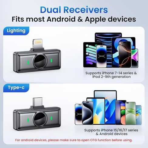 ميكروفون صغير لهاتف iPhone 17/16/15-7/Android/الكمبيوتر اللوحي، ميكروفونات Lavalier اللاسلكية مع أجهزة استقبال مزدوجة، إلغاء الضوضاء DSP، مشبك مغناطيسي، 18 ساعة، مثالي لتسجيل الفيديو، والبودكاست، والمقابلات، والهدايا in Kuwait