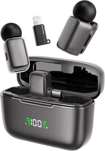 ميكروفون Lavalier لاسلكي صغير لأجهزة iPhone/Android/الكمبيوتر اللوحي/الكمبيوتر الشخصي مع قابس Lightning/USB-C، وإلغاء الضوضاء، وميكروفون لاسلكي بمشبك مع علبة شحن لتسجيل الفيديو TikTok YouTube Podcast in Kuwait