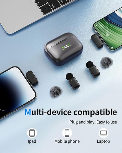 ميكروفون Lavalier لاسلكي صغير لأجهزة iPhone/Android/الكمبيوتر اللوحي/الكمبيوتر الشخصي مع قابس Lightning/USB-C، وإلغاء الضوضاء، وميكروفون لاسلكي بمشبك مع علبة شحن لتسجيل الفيديو TikTok YouTube Podcast in Kuwait