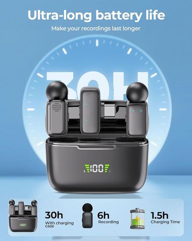 ميكروفون Lavalier لاسلكي صغير لأجهزة iPhone/Android/الكمبيوتر اللوحي/الكمبيوتر الشخصي مع قابس Lightning/USB-C، وإلغاء الضوضاء، وميكروفون لاسلكي بمشبك مع علبة شحن لتسجيل الفيديو TikTok YouTube Podcast in Kuwait