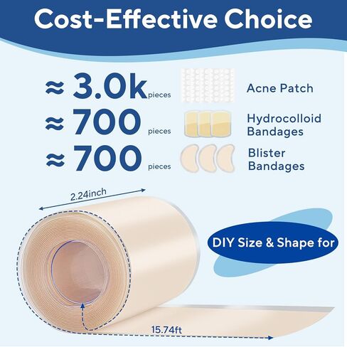 Hydrocolloid Roll for Wound Care, Flexible & Ultra Absorbent Hydrocolloid Bandages, Waterproof and Self-Adhesive Extra Large Hydrocolloid Patch Tape for Blister Care, Cut-to-Size (2 in x 16 ft) in Saudi Arabia