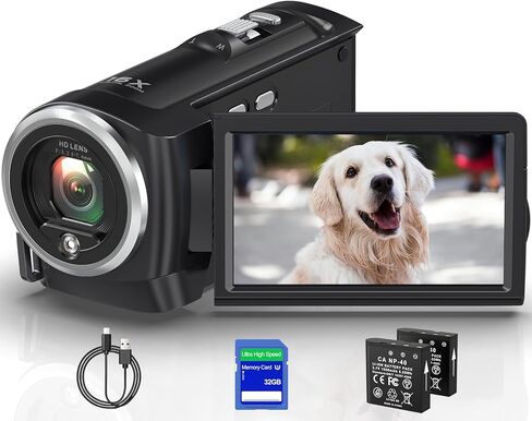 2.7K Video Camera Camcorder QHD 50MP YouTube Vlogging Camera Webcam 16X Digital Zoom with 32G SD Card 270 Degree Rotation Screen Camcorders and 2 Batteries in Kuwait