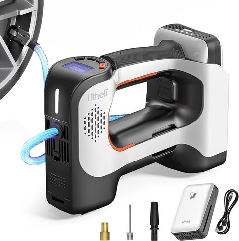 Litheli 20V Air Compressor Tire Inflator, Portable Pump for Car, Bike, Sports Ball, Battery Powered with Digital Pressure Gauge, 3 Nozzle Adapters, 150 PSI, Includes 2.0Ah Battery & Charger in Saudi Arabia