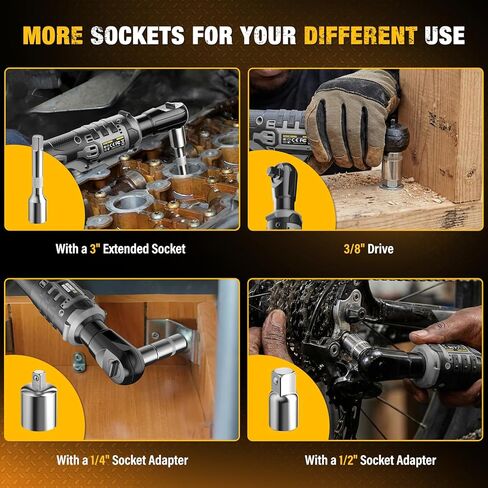 Cordless Ratchet Wrench for Dewalt 20V Battery, 3/8" Electric Ratchet Wrench Set, 88 Ft-lbs(120N.m), 500 RPM, Variable Speed, LED Light, 5 Sockets, 1/4" & 1/2" Adaptors, 3" Extension Bar(Tool Only) in Saudi Arabia