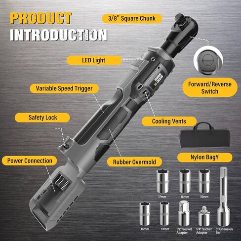 Cordless Ratchet Wrench for Dewalt 20V Battery, 3/8" Electric Ratchet Wrench Set, 88 Ft-lbs(120N.m), 500 RPM, Variable Speed, LED Light, 5 Sockets, 1/4" & 1/2" Adaptors, 3" Extension Bar(Tool Only) in Saudi Arabia