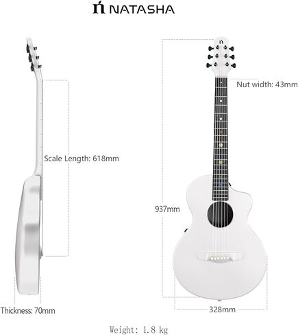 جيتار صوتي من ألياف الكربون من ناتاشا مع بيك اب NSX، جيتار سفر جيتار بسلسلة فولاذية مقاس 38 بوصة، جيتار متين رفيع للغاية مكون من 6 أوتار للمبتدئين والمتعلمين المتوسطين والكبار (لؤلؤ مشع) in Kuwait