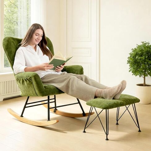 KEEZY Rocking Chair Nursery with Stool,Upholstered Glider Rocker,Rocking Accent Chair with Padded Seat with High Backrest,Reading Chair,Armchair Comfy Side Chair for Living Room Bedroom (Gray) in Saudi Arabia