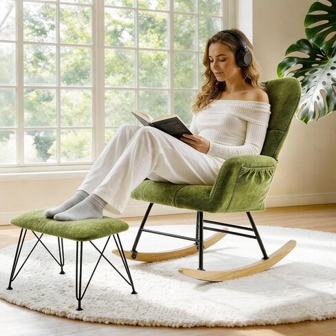 KEEZY Rocking Chair Nursery with Stool,Upholstered Glider Rocker,Rocking Accent Chair with Padded Seat with High Backrest,Reading Chair,Armchair Comfy Side Chair for Living Room Bedroom (Gray) in Saudi Arabia