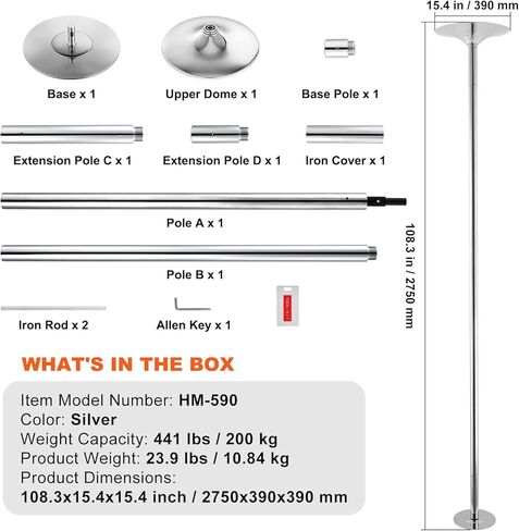 Happybuy Professional Dancing Pole Kit, 45mm Heavy-Duty Stainless Steel, Spinning & Static, Portable Removable, Height Adjustable for Home Gym, Silver in Saudi Arabia