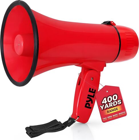 Pyle 20W Megaphone Bullhorn - Portable, Automatic Siren & Adjustable Volume,Projection Range Up to 400 Square Yards, Aux Input, Talk, Siren, Music, Whistle, & Record, Shoulder Strap (Red) in Saudi Arabia