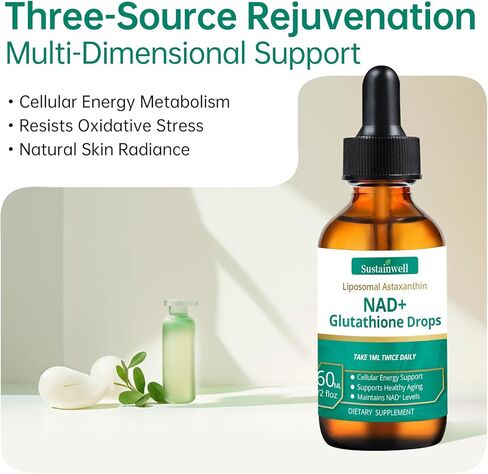 NAD+ قطرات الجلوتاثيون السائلة مع أستازانتين الشحمي - يدعم الطاقة الخلوية، عمل مزدوج مضاد للأكسدة، شيخوخة صحية - امتصاص سريع، توافر بيولوجي عالي، نباتي، 2.04 أونصة سائلة in Kuwait