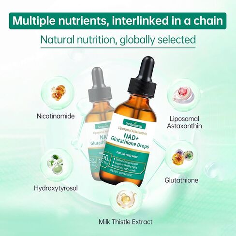 NAD+ قطرات الجلوتاثيون السائلة مع أستازانتين الشحمي - يدعم الطاقة الخلوية، عمل مزدوج مضاد للأكسدة، شيخوخة صحية - امتصاص سريع، توافر بيولوجي عالي، نباتي، 2.04 أونصة سائلة in Kuwait