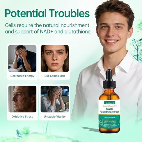 NAD+ قطرات الجلوتاثيون السائلة مع أستازانتين الشحمي - يدعم الطاقة الخلوية، عمل مزدوج مضاد للأكسدة، شيخوخة صحية - امتصاص سريع، توافر بيولوجي عالي، نباتي، 2.04 أونصة سائلة in Kuwait