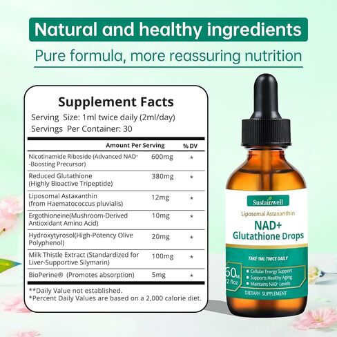 NAD+ قطرات الجلوتاثيون السائلة مع أستازانتين الشحمي - يدعم الطاقة الخلوية، عمل مزدوج مضاد للأكسدة، شيخوخة صحية - امتصاص سريع، توافر بيولوجي عالي، نباتي، 2.04 أونصة سائلة in Kuwait