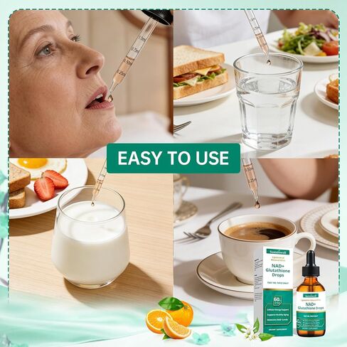 NAD+ قطرات الجلوتاثيون السائلة مع أستازانتين الشحمي - يدعم الطاقة الخلوية، عمل مزدوج مضاد للأكسدة، شيخوخة صحية - امتصاص سريع، توافر بيولوجي عالي، نباتي، 2.04 أونصة سائلة in Kuwait