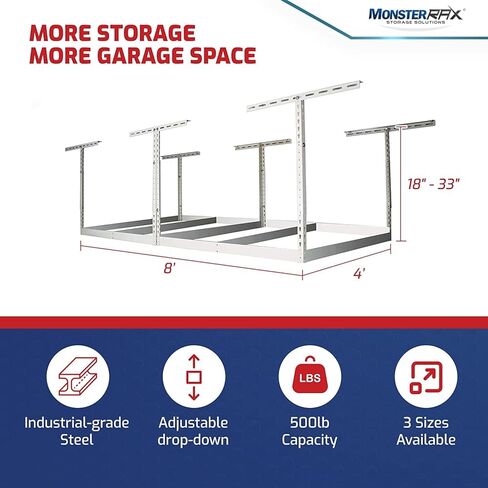 MonsterRax 4x8 Overhead Garage Storage Rack Frame Kit - Hanging Storage Shelves, Garage Ceiling Storage Rack System, Ceiling Shelving - (Hammertone, Adjustable 18"-33") in Saudi Arabia