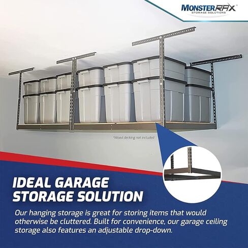 MonsterRax 4x8 Overhead Garage Storage Rack Frame Kit - Hanging Storage Shelves, Garage Ceiling Storage Rack System, Ceiling Shelving - (Hammertone, Adjustable 18"-33") in Saudi Arabia