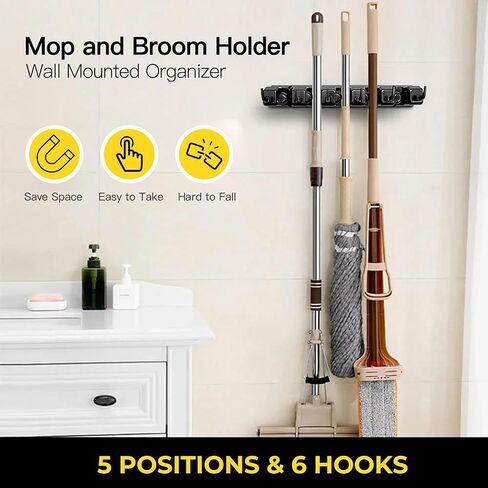 حامل ممسحة ومكنسة مثبت على الحائط - منظم أدوات موفر للمساحة للمنزل والمطبخ والجراج وغرفة الغسيل - 5 فتحات و6 خطافات، يتضمن الأجهزة (أسود) in Kuwait