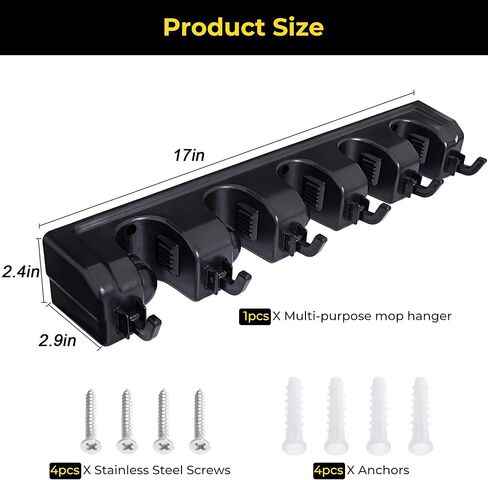 حامل ممسحة ومكنسة مثبت على الحائط - منظم أدوات موفر للمساحة للمنزل والمطبخ والجراج وغرفة الغسيل - 5 فتحات و6 خطافات، يتضمن الأجهزة (أسود) in Kuwait