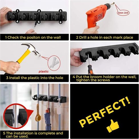 حامل ممسحة ومكنسة مثبت على الحائط - منظم أدوات موفر للمساحة للمنزل والمطبخ والجراج وغرفة الغسيل - 5 فتحات و6 خطافات، يتضمن الأجهزة (أسود) in Kuwait