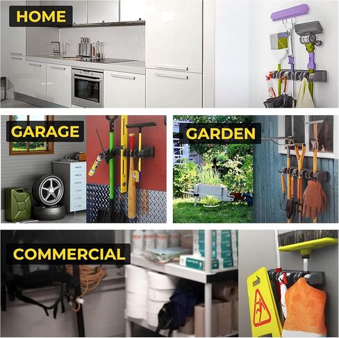 حامل ممسحة ومكنسة مثبت على الحائط - منظم أدوات موفر للمساحة للمنزل والمطبخ والجراج وغرفة الغسيل - 5 فتحات و6 خطافات، يتضمن الأجهزة (أسود) in Kuwait