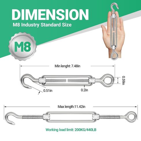 10 قطع M8 هوك وعين وصلة ربط المقطورة 304 من الفولاذ المقاوم للصدأ، شدادات شديدة التحمل لشد حبل السلك، أجهزة خيمة تظليل الشمس، تركيب خيمة in Kuwait
