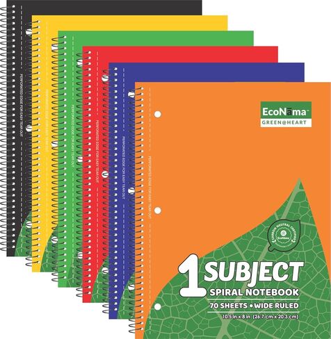 Subject Book Spiral Notebook Pack of 6 Wide Ruled 140 Pages (70 Sheets) 8" × 10.5" Perforated Carbon Neutral 3-Hole Punched Eco-Friendly School & Office Supply Assorted Colors in Saudi Arabia