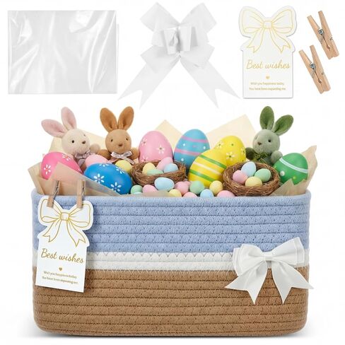Christmas Thanksgiving Small Woven Gift Basket for Nursery Room with Tissue Paper, Wooden Clips, Greeting Card, Empty Bow Basket for Birthday Wedding, 12 x 8 x 6 Inches(Pink) in Saudi Arabia