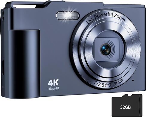 كاميرا رقمية، كاميرا رقمية بدقة 4K للتوجيه والتقاط الصور مع خاصية تكبير/تصغير 16X مضادة للاهتزاز، وكاميرا صغيرة مدمجة بدقة 48 ميجابكسل مع بطاقة سعة 32 جيجابايت للمراهقين والبنات والأطفال in Kuwait