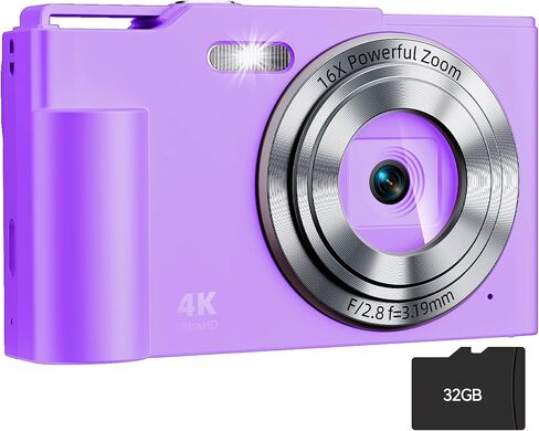 كاميرا رقمية، كاميرا رقمية بدقة 4K للتوجيه والتقاط الصور مع خاصية تكبير/تصغير 16X مضادة للاهتزاز، وكاميرا صغيرة مدمجة بدقة 48 ميجابكسل مع بطاقة سعة 32 جيجابايت للمراهقين والبنات والأطفال in Kuwait