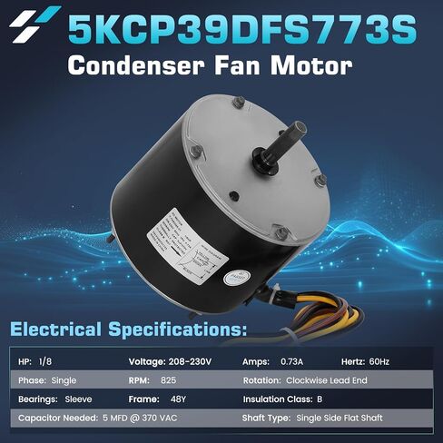 محرك مروحة مكثف 5KCP39DFS773S مع مكثف 5μF، 1/8 HP 208-230V 825 دورة في الدقيقة، إطار 48Y، بديل لـ GE Genteq 5KCP39BGV440BS 5KCP39KFUA99S، الناقل HC35GE237، Trane MOT18688 MOT12004 in Kuwait