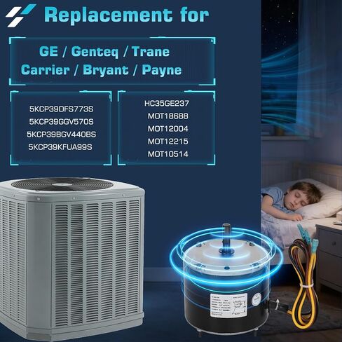 محرك مروحة مكثف 5KCP39DFS773S مع مكثف 5μF، 1/8 HP 208-230V 825 دورة في الدقيقة، إطار 48Y، بديل لـ GE Genteq 5KCP39BGV440BS 5KCP39KFUA99S، الناقل HC35GE237، Trane MOT18688 MOT12004 in Kuwait