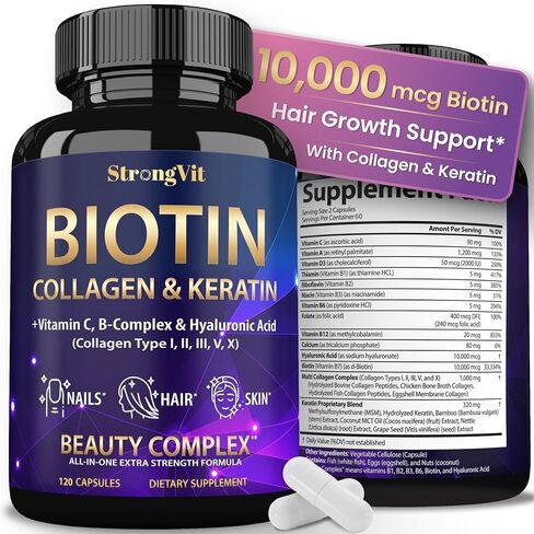 StrongVit Biotin with Hyaluronic Acid, Keratin and Collagen Supplements - 10000mcg for Hair Growth Women and Men - Hair Skin and Nails Vitamins - 60 Capsules in Saudi Arabia