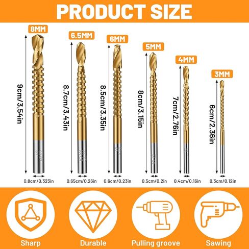 Grevosea 6 Pack Titanium Drill Bit Set, HSS Twist Drill Bits 3/4/5/6/6.5/8mm Serrated Side Cutting Drill Bit for Hard Metal Steel Alloy and Building Engineering Woodworking Tools in Saudi Arabia
