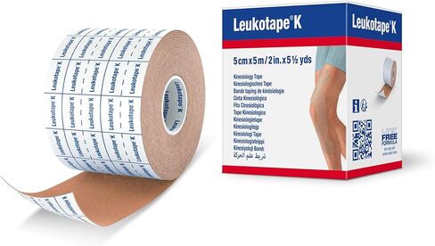 شريط Leukotape K لعلم الحركة - طارد للماء، صديق للبشرة، يبقى في مكانه لمدة تصل إلى 9 أيام - 2 بوصة × 5.5 ياردة، أسمر ضارب للصفرة، 1 لفة in Kuwait