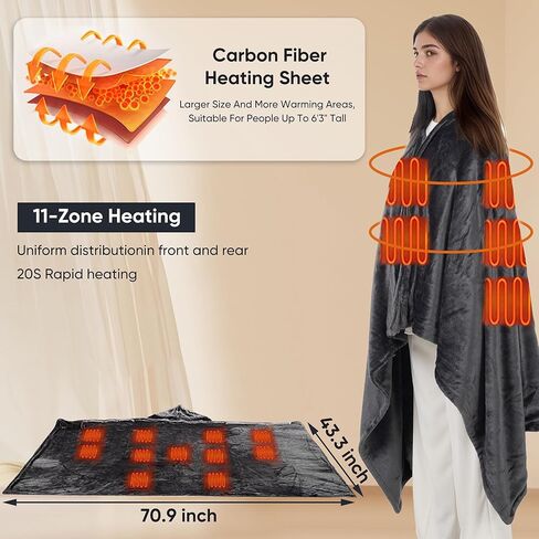 Large 71" x 43" Flannel Heated Blanket Shawl, Includes a Power Banks,11 Heating Zones, 3 Heat Settings, 1–6H Timer, Wearable, Soft & Machine Washable in Saudi Arabia