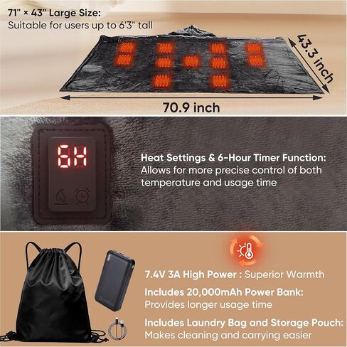 Large 71" x 43" Flannel Heated Blanket Shawl, Includes a Power Banks,11 Heating Zones, 3 Heat Settings, 1–6H Timer, Wearable, Soft & Machine Washable in Saudi Arabia