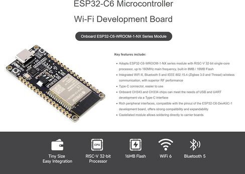 ESP32-C6 RISC-V Microcontroller Dev Board, Integrated WiFi 6, IEEE 802.15.4 (Zigbee 3.0&Thread) and BLE 5, Adopt ESP32-C6-WROOM-1-NX Series Module, Support USB/UART Development, 16M Flash in Saudi Arabia