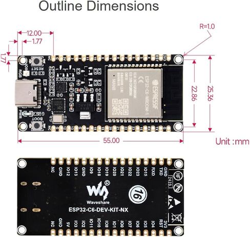 ESP32-C6 RISC-V Microcontroller Dev Board, Integrated WiFi 6, IEEE 802.15.4 (Zigbee 3.0&Thread) and BLE 5, Adopt ESP32-C6-WROOM-1-NX Series Module, Support USB/UART Development, 16M Flash in Saudi Arabia