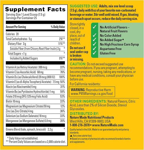 Nature Made Super Greens Powder with Prebiotic Fiber Drink Mix, Made with 1 Cup Veggies Per Serving, Fiber Supplement + Vitamins and Minerals, 25 Day Supply in Saudi Arabia